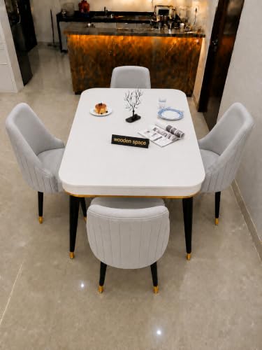 Image of WOODEN SPACE 4 Seater Wooden Dining Table Set | Urban Marble Top Dining Table with Chairs for Dining Room & Kitchen (Modern Infinity Light Grey) (54 x 36 x 30 inch)