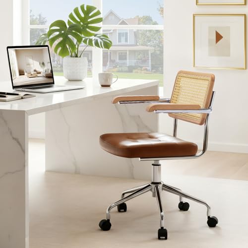Image of Zesthouse Leather Office Desk Chair with Wheels, Mid Century Rolling Desk Chair with Wood Arm & Natural Rattan Back, Modern Swivel Home Office Chair, Small Height Adjustable Computer Task Chair, Brown