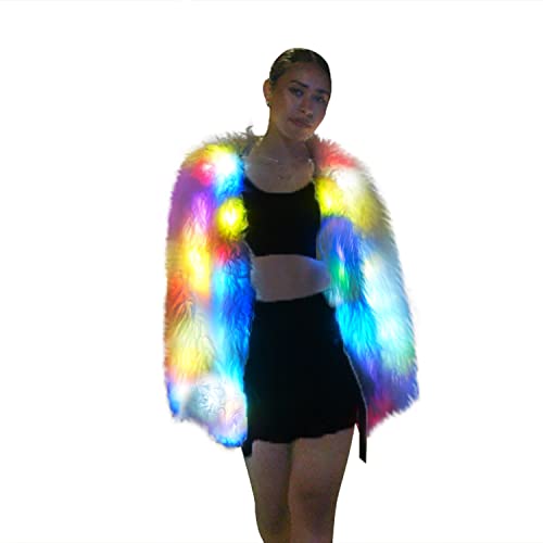 JIRUIWEN Light Up Coat Fur Led Jacket For Women Glow White Furry Faux Fur Burning Man Costumes Rave Clothes