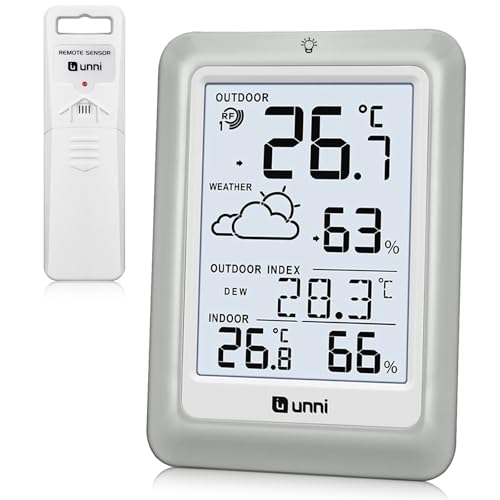 Indoor Outdoor Thermometer Wireless Weather Station with 100m Range Remote Sensor and Backlight Display (White Grey)