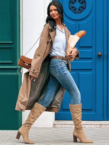 PiePieBuy Womens Faux Suede Knee High Boots Pointed Toe High Chunky Heel Side Zipper Party Dress Booties3