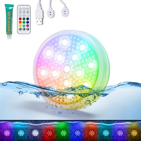 Yobbai Rechargeable Submersible Pool Lights with Remote, 16 Color IP68 Waterproof Underwater Lights with Magnets, Glue, Suction Cups, Pool Lights for Above Ground Inground Pool, Hot Tub, Bath, 1PC Cover
