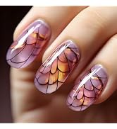 Butterfly Wings Press on Nails 24 Pcs Black Curve Line Acrylic Fake Nails Medium Oval Glossy Oran...