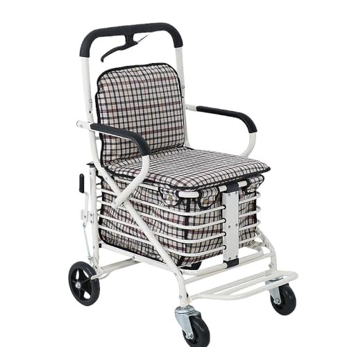 Bxzzuis 老人用 手押し車 折りたためる フットペダル付き 高齢者 買い物カート 座面付き 高さ調節 ブレーキ付き (高齢者用ベビーカー【ホワイト】ペダル+背もたれ付き)