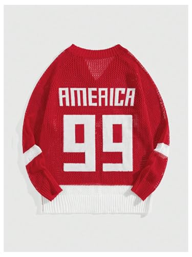 Men's Letter Print Crochet Sweater V Neck Long Sleeve Graphic Knit Tops2