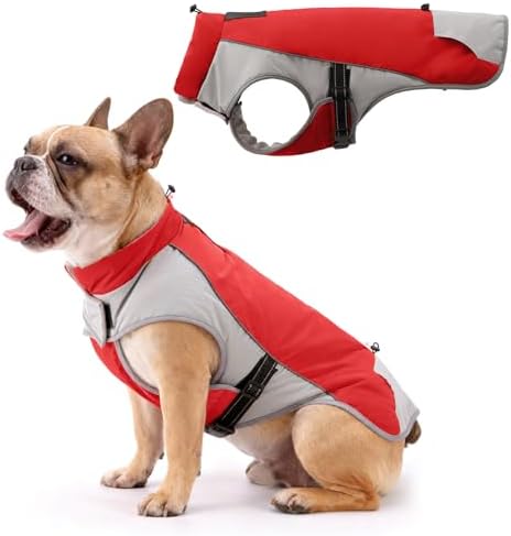 Bicolor Dog Winter Coat – Waterproof & Windproof Light-Insulation Jacket with Adjustable Neck & Tail, Reflective Christmas Dog Jacket for Outdoor Safety, Red & Gray M