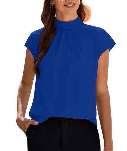 Image of Funlingo Womens Summer Tops Mock Neck Short Cap Sleeve Blouses Business Casual Work Chiffon Shirts Front Pleated Tunic Top