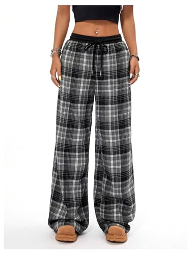Floerns Women's Drawstring Waist Pants Plaid Print Wide Leg Athletic Running Pants4
