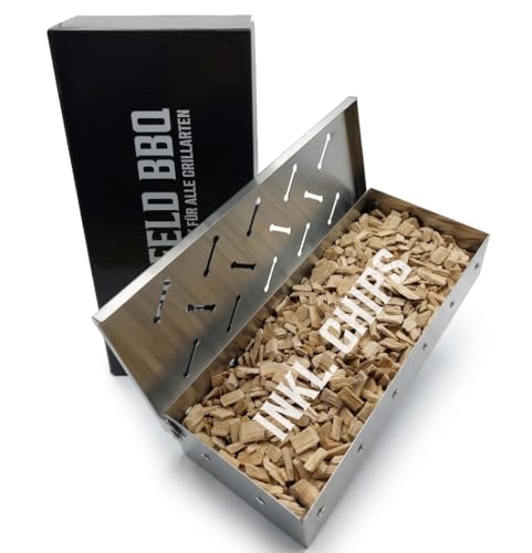 Bergfeld BBQ Räucherbox inkl. Räucherchips für alle Grillarten Smokerbox aus robustem Edelstahl zum Grillen BBQ-Aroma für Fleisch Fisch & Gemüse (Größe: 22 x 9 5 x 4 cm)
