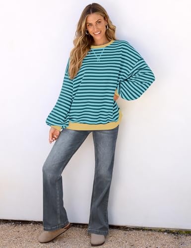 Image of UEU Women Oversized Striped Crewneck Sweatshirt Long Sleeve Color Block Pullover Tops Casual Loose Workout Shirt