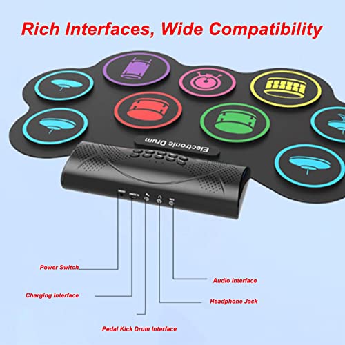 Pad de Prática de Bateria Portátil, Função de Gravação Som Estéreo de 360° 2 Pedais 100-240 V 9 Pads