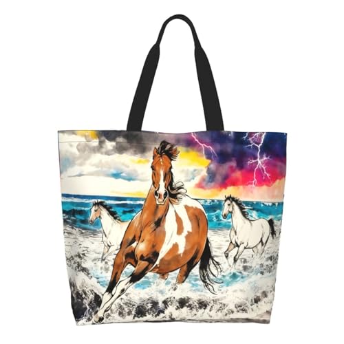 OLUSENMO Horses Running Beach Tote Bag Large Durable Handbag Lightweight & Stylish,Perfect for Beach/Travel/Work-19.7x15.7x5.9 Inch