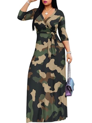 Image of Plus Size Dresses for Women Print Maxi Dresses 3 /4 Sleeve with Belt