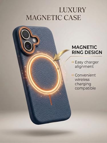 Image of amazon basics Luxury MagSafe Compatible Leather Texture Back Cover for iPhone 16 | Raised Camera Protection | Slim Fit Shockproof Case with Metallic Accents (Dark Blue)
