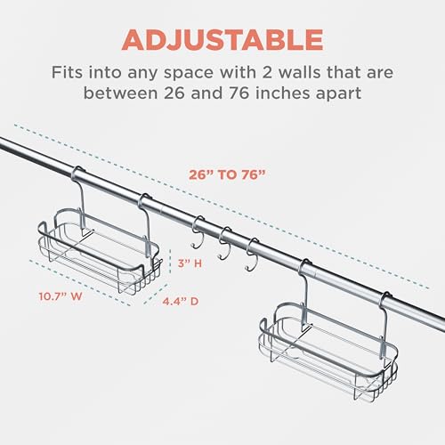 Zenna Home Bathroom Organizer Shower Caddy, Adjustable Horizontal Tension Pole Between Wall Shower Storage System with 2 Baskets and 3 Hooks, 26 to 76 Inch, Silver - Thumbnail 5
