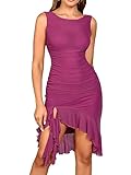 EYNMIN Women's Bodycon Midi Dress Sleeveless Ruched Ruffle Hem Elegant Cocktail Party Tank Dresses Plum S