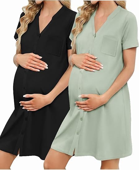 ELESOL 2 Pack Maternity Nightgown Button Down Nursing Gown 3 in 1 Breastfeeding Sleepwear V Neck Short Sleeve Delivery Dress