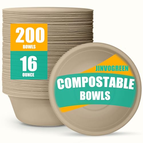 JINVOGREEN 200 Count 16 oz Paper Bowls Disposable Compostable Bowls Heavy Duty Biodegradable Sugarcane Bagasse Bowl for Breakfast Salad Fruits Desserts Natural