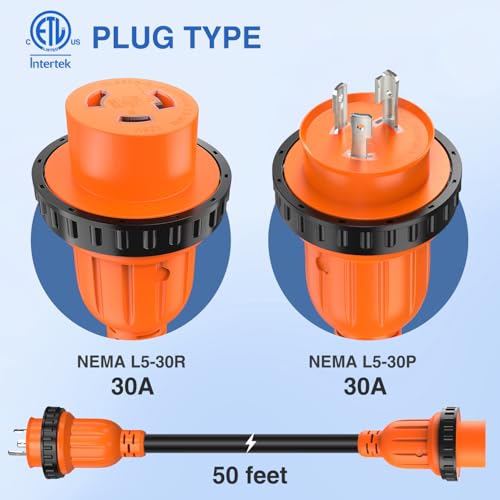 Image of Nilight 30 Amp 50FT Generator Extension Cord 3 Prong Shore Power Cords with Locking Waterproof NEMA L5-30P L5-30R Cable Heavy Duty 10AWG ETL Listed for RV Marine Boat Generators Outdoor Use
