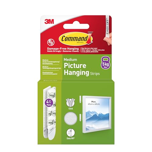 Command Lot de 4 paires (8 bandes) de suspension pour cadres et cadres - Blanc - Pour photos, cadres, miroirs, décoration murale et panneaux - Taille M