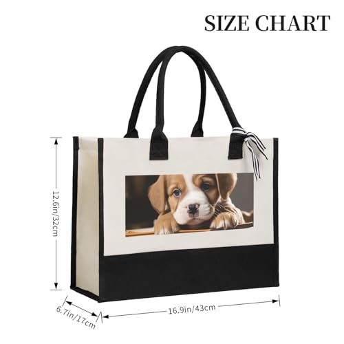 Canvas Tote Bag for Women Beach Tote Purse Reusable Grocery Bag Puppy Dog with Book Aesthetic Shopping Bags2