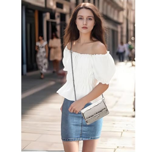 Small Crossbody Purse Bag for Women,Mini Y2k Silver Metallic Croc-Embossed Clutch Handbag,Cute PU Leather Pouch Wallet Fit for Phones3