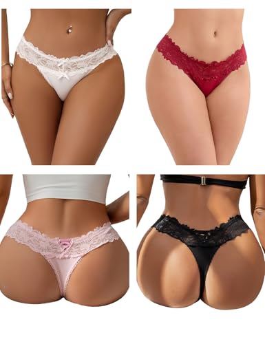 Image of ohyeahlady Thongs for Women Multipack Plus Size Satin Lace Back Criss Cross Brazilian Knickers Hipster Sexy Panties Bikini Briefs Cheeky Tangas 4 Pack(Black White Pink Red) Size UK 16 18