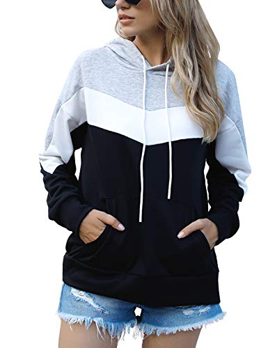 Blooming Jelly Women's Black Hoodie Color Block Pullover Hoodie Casual Long Sleeve Top Stiped SweatShirts Hooded(Medium,Black?