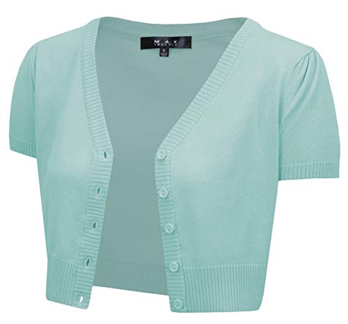 YEMAK Women's Cropped Bolero Cardigan â€“ Short Sleeve V-Neck Basic Classic Casual Button Down Knit Soft Sweater Knitted Top HB2137-IBL-M Ice Blue