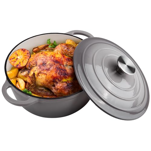 Image of 6 Quart Dutch Oven Enameled Cast Iron with Lid - Big Dual Handles - Oven Safe up to 500F - Classic Round Pot for Versatile Cooking (Light Gray, 6 QT)