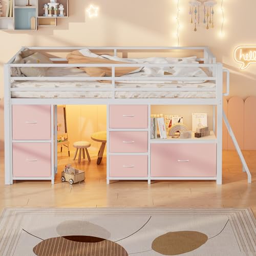 Loft Bed Full Size with 6 Open Storage Drawers, Full Low Loft Bed with Timer LED Lights & Play Curtain, Secret Under-Bed Play Fort, Safe Rounded Handrails for Kids Study, Play and Sleep, Pin
