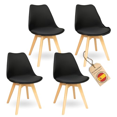 HOME DESIGN & CONFORT ®Sillas de Comedor Nórdicas con Respaldo Ergonómico con Material PU y Patas con 2,8cm de Anchura | Sillas de Cocina con Madera de Haya Maciza (4 Sillas Negras)