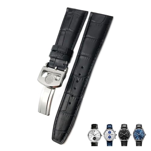 Bracelet montre cuir véritable 21mm noir grain alligator pour pilote