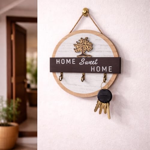 Image of CraftVatika Wooden Wall Key Holder with 3 Hooks, Round Decorative Key Rack with Tree Design, Wall Mounted Entryway Organizer for Home Entrance, Key Stand for Wall Decor, Housewarming Gift Item