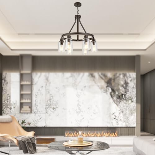 LIGOTFIRE Wagon Wheel Chandelier Oil Rubbed Bronze Dining Room Lighting Fixture Hanging Farmhouse Chandelier 6 Light Kitchen Island Lighting with Glass Shade by LIGOTFIRE - Image 3