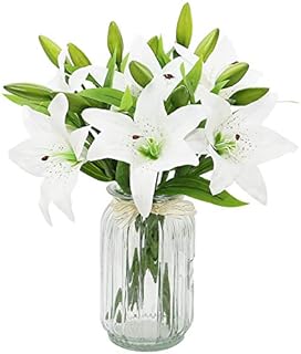 Olrla White Artificial Lily Flowers 6 Bouquets, Waterproof Fake Flower for Graveside Wedding Party Bathroom Garden Decor (White, 6)