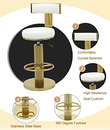 Image of FUNROLUX Adjustable Swivel Bar Stools Set 3 Kitchen Counter Height Stools | 360 Swivel, 25.6 inch-29.5 inch Adjustable, Leather Thick Cushion, Stainless Steel Frame, 350 lbs Capacity, Gold