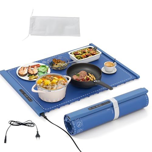 SOARS Elektrischer Tellerwärmer, faltbar, tragbar, aus Silikon, Temperatur auf 6 Stufen, schnelles Aufheizen, Timer, für Partys, Buffets, Familientreffen (60 x 38 cm, blau)