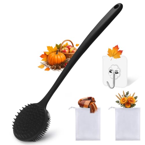 YouthRun Silicone Body Scrubber for Shower Men Women – Dual-Sided Exfoliating & Massage Shower Brush with Long Handle, Creates Rich Lather, Includes 1 Hook & 2 Lather Balls (Black).