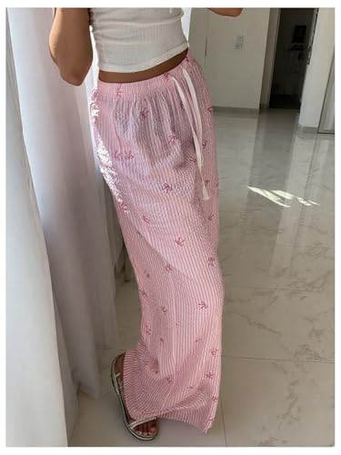 WDIRARA Women's Plus Size Striped Bow Print Pants Drawstring Waist Wide Leg Pants4