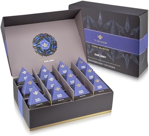 Teabloom Earl Grey Pyramid Tea Presentation Box, 12 Whole-Leaf Pyramid Tea Sachets