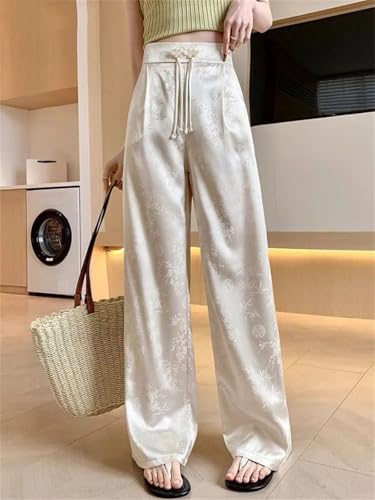 Women Satin Loose Straight Pants Summer Casual High Waist Trousers Vintage Wide Leg Pant3