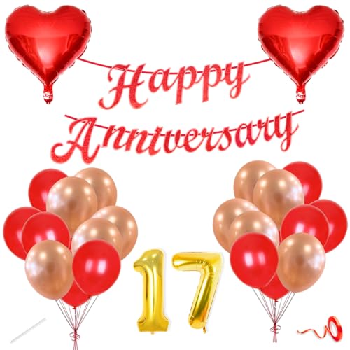 Image of Flyloons 17th Happy Anniversary Decoration Items Red Rose Gold for Men Women Husband Wife Mom Dad Parent Couple Home Bedroom Car With 20 Pcs Metallic Balloons Anniversary Banner 2 Pcs Heart Set Kit