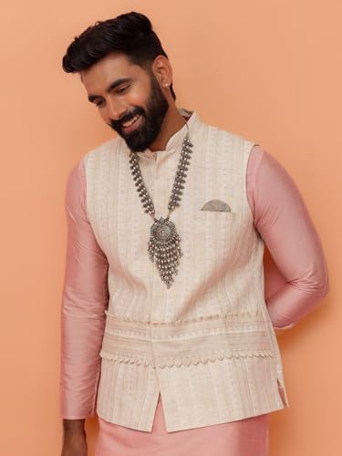 Image of Kisah Men's Cotton Blend Embroidered Nehru Jacket Regular Fit | Designer Ethnic Layering | Wedding & Occasion Wear