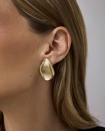 PAVOI 14K Gold Plated Sterling Silver Posts Chunky Vintage Organic Hammered Brushed and Textured Geometric Earrings for Women | Statement Earring Pair2