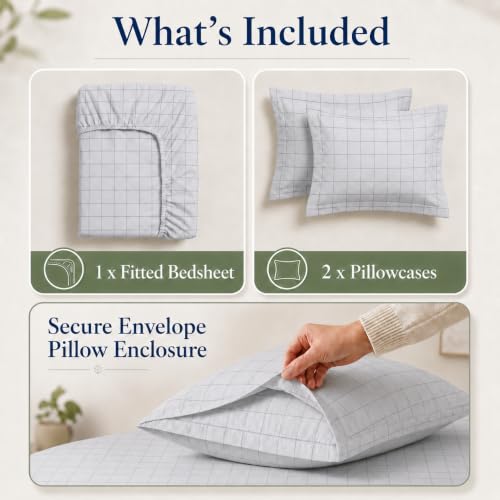 Image of LANE LINEN 100% Organic Cotton Fitted Bedsheet Double - Windowpane Charcoal | GOTS Certified, Percale Weave, 78x60 inches, Fits Upto 12 inch Mattress, Soft, Breathable, Washable, 2 Pillow Covers