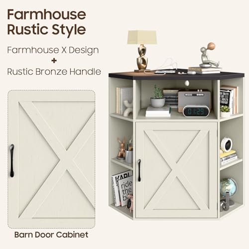 Image of Halitaa Corner Storage Cabinet, Farmhouse Corner Bookshelf with Storage 6-Cubby Wooden Cabinet with USB Ports and Outlets Industrial Organizer for Small Space, Study, Playroom, Rustic White and Black