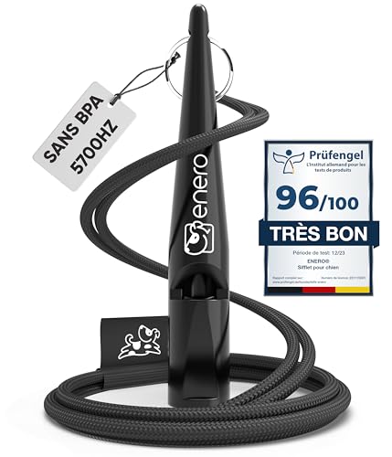 ENERO Sifflet pour chien - Dressage et éducation de sifflet chien extrêmement fiable - fort & puissant à longue portée - sangle pratique incluse - Sifflet de Dressage à fréquence normalisée - noir