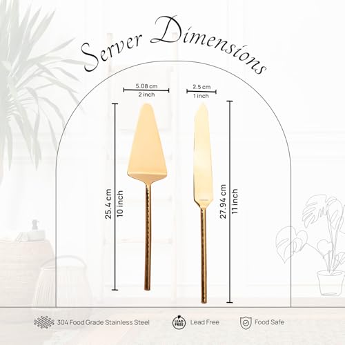 Image of nestroots Golden Stainless Steel Cake Server Set of 2 | 11-Inch Knife & 10-Inch Server with Hammered Handles for Cake Cutting, Dessert Serving, or Party Use | Elegant & Durable Design