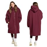 OHS Changing Robe Women's Jackets, Oversized Waterproof Jacket Fleece Lining Rain Coats for Women Drying Robe with Hood & Pockets Lightweight Ladies Jackets for Outdoor Travel, Burgundy - L/XL